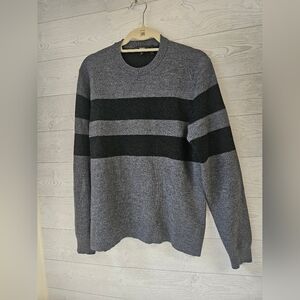 Theory- Sweater Men's Gray and Black Striped  Large Araud Crew Regal Merino Wool